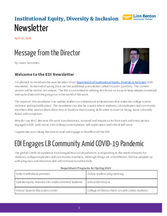 Institutional Equity, Diversity & Inclusion Newsletter - April 10, 2020 la vignette